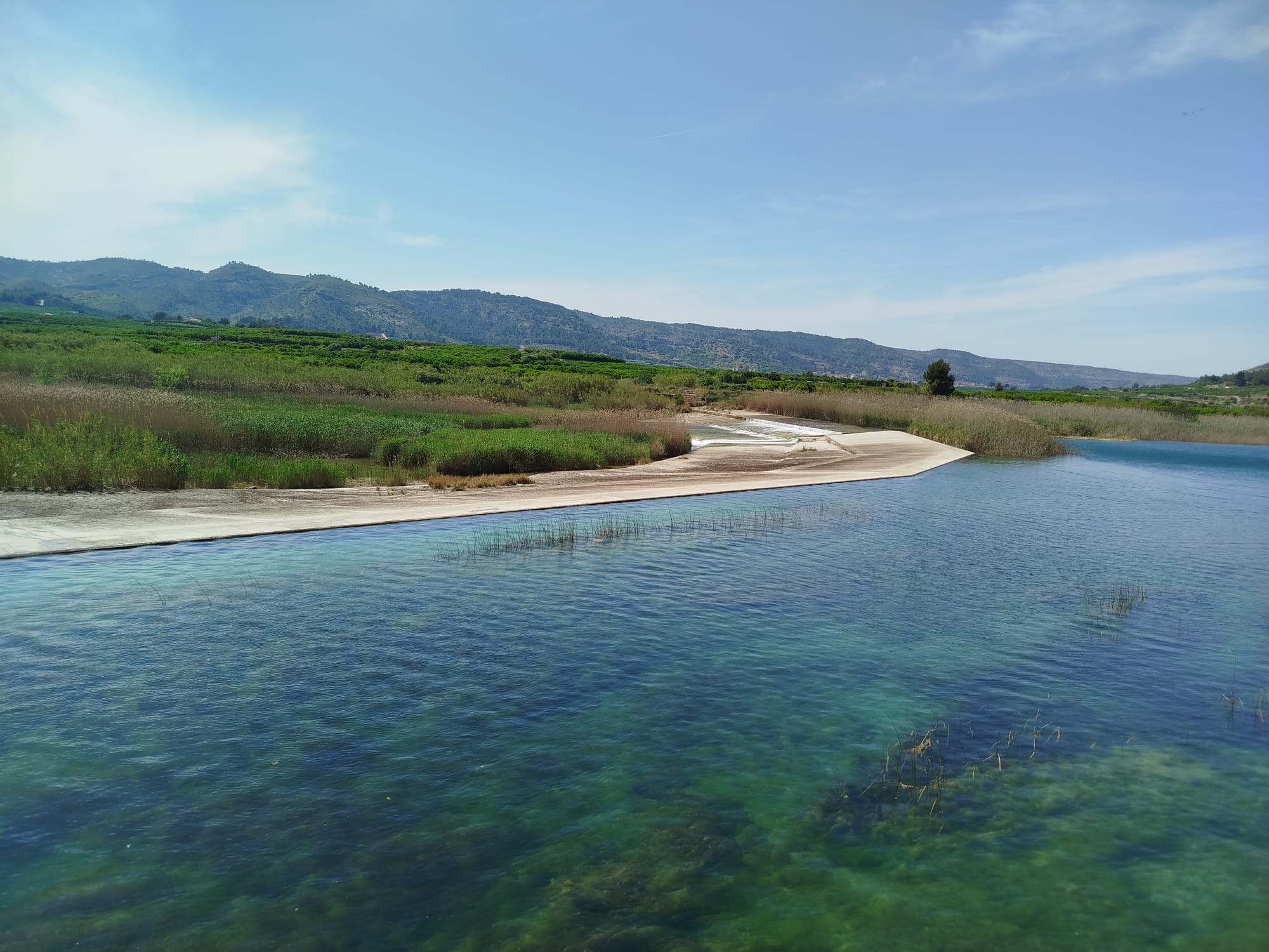 Wide landscape of a calm body of water with grassy banks and distant hills under a blue sky