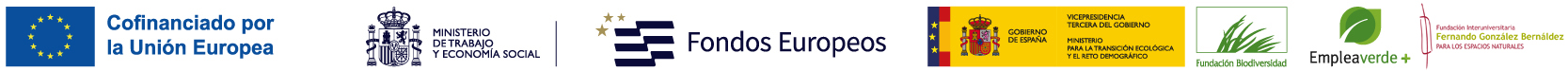 Banner displaying logos of European Union funding and Spanish partners: EU flag with 'Cofinanciado por la Unión Europea', Ministerio de Trabajo y Economía Social, Fondos Europeos, Gobierno de España, Ministerio para la Transición Ecológica y el Reto Demográfico, Fundación Biodiversidad y Empleaverde+.