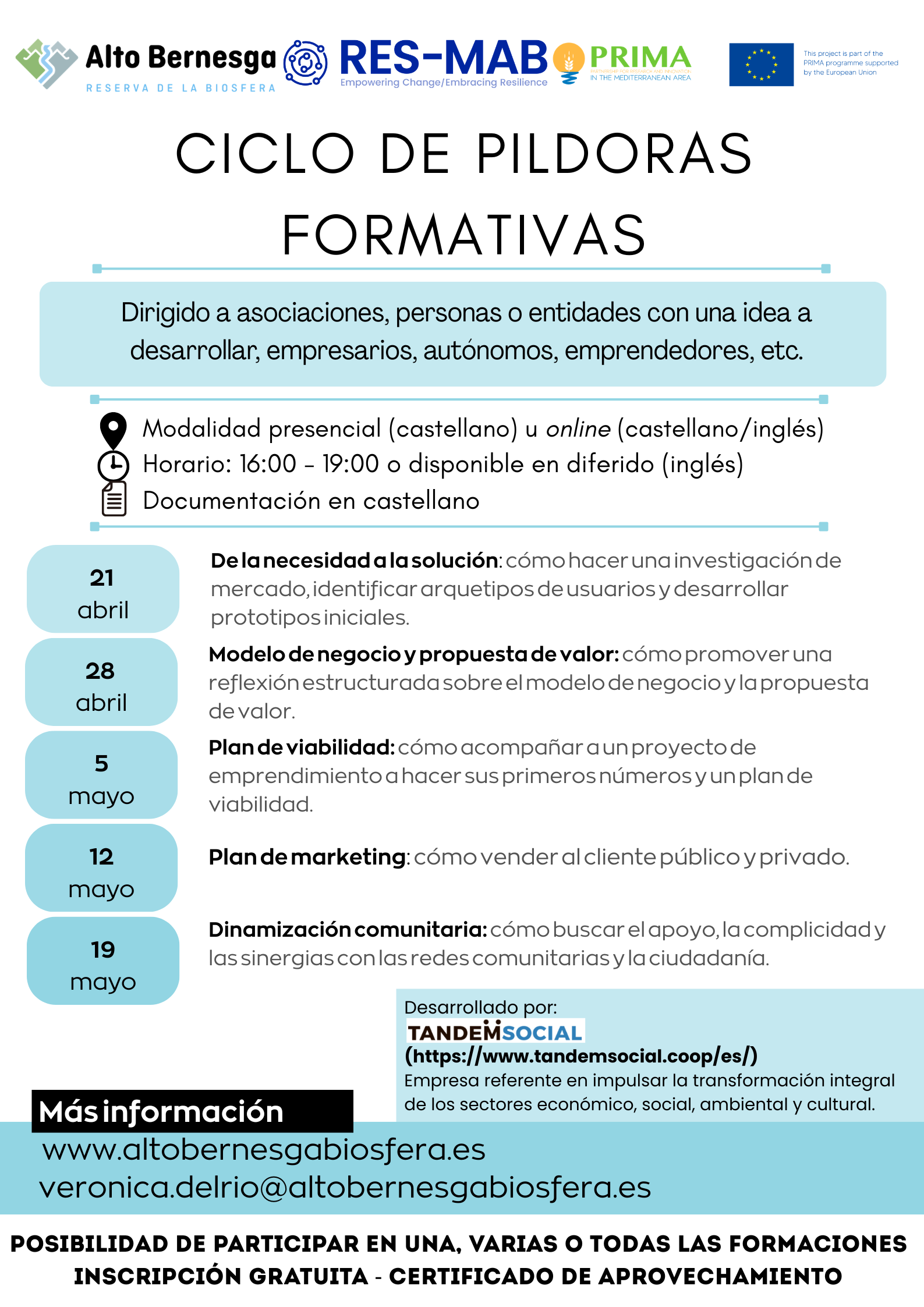 Infografía del Ciclo de Píldoras Formativas: fechas, horarios y modalidad (presencial u online), con logos y datos de contacto.