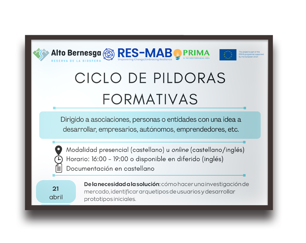 Poster announcing 'Ciclo de Píldoras Formativas' with logos at the top; describes presencial y online sessions and target audience in Spanish (associations, entrepreneurs).