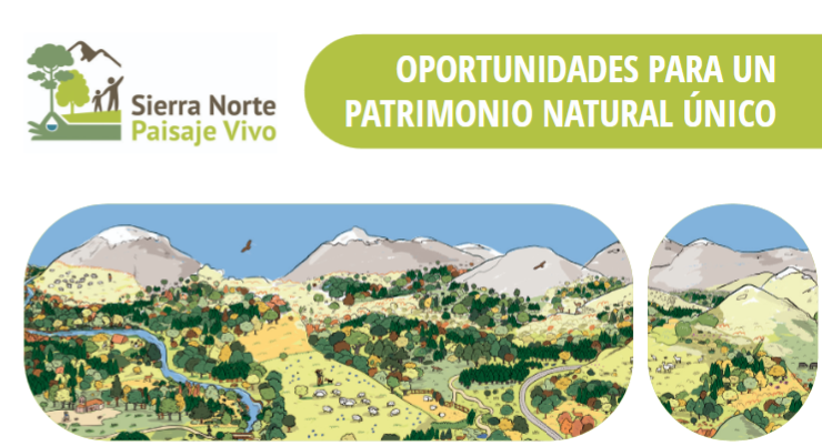 Logo 'Sierra Norte Paisaje Vivo' with a green banner reading 'Oportunidades para un patrimonio natural único' over a stylized mountain landscape.