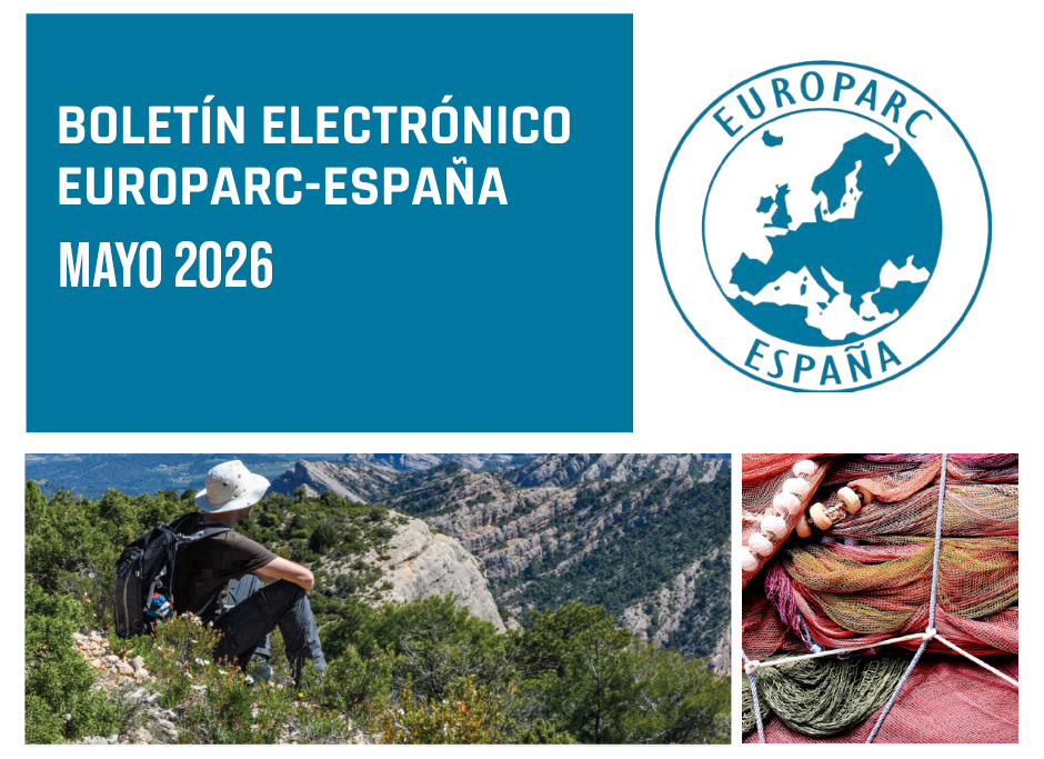 Collage for Europarc España newsletter May 2026: blue header with title, Europarc España logo, plus images of a hiker on a mountain trail and colorful yarn skeins.