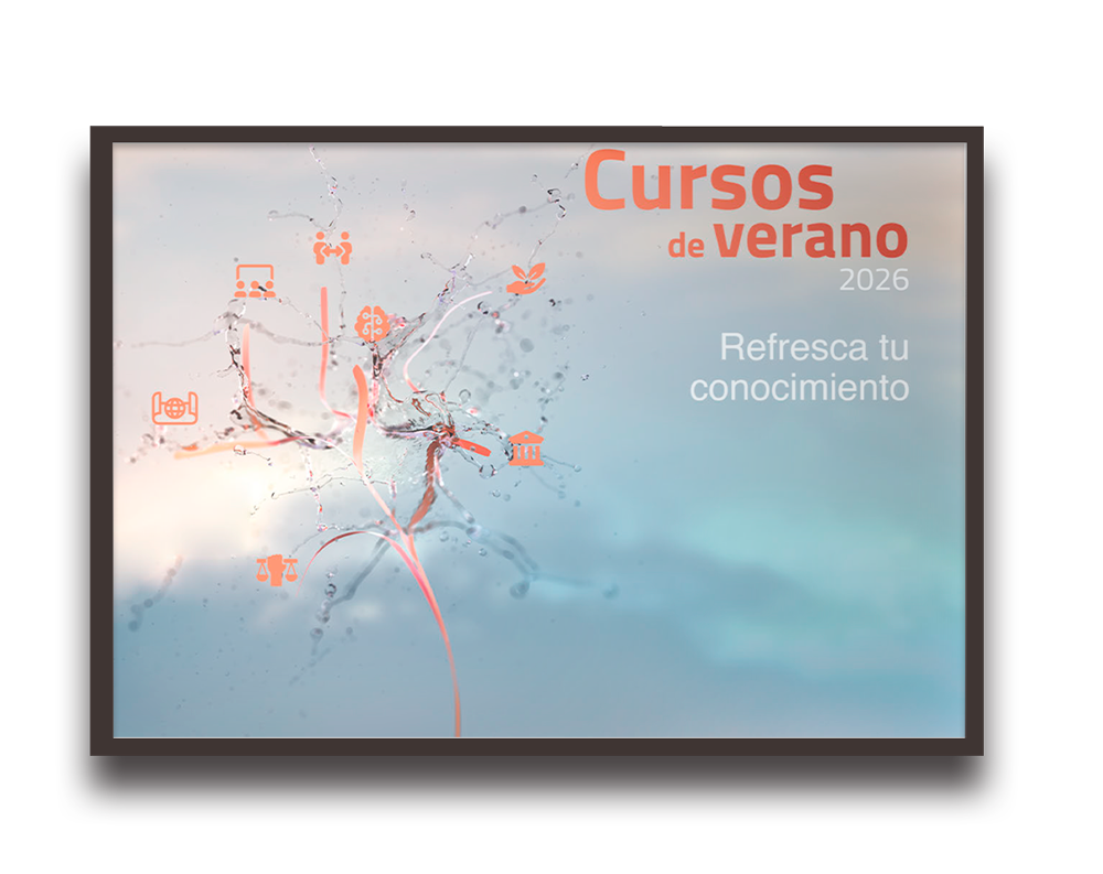 Framed display promoting 'Cursos de verano 2026' with the subtitle 'Refresca tu conocimiento' and orange icons on a blue gradient background.