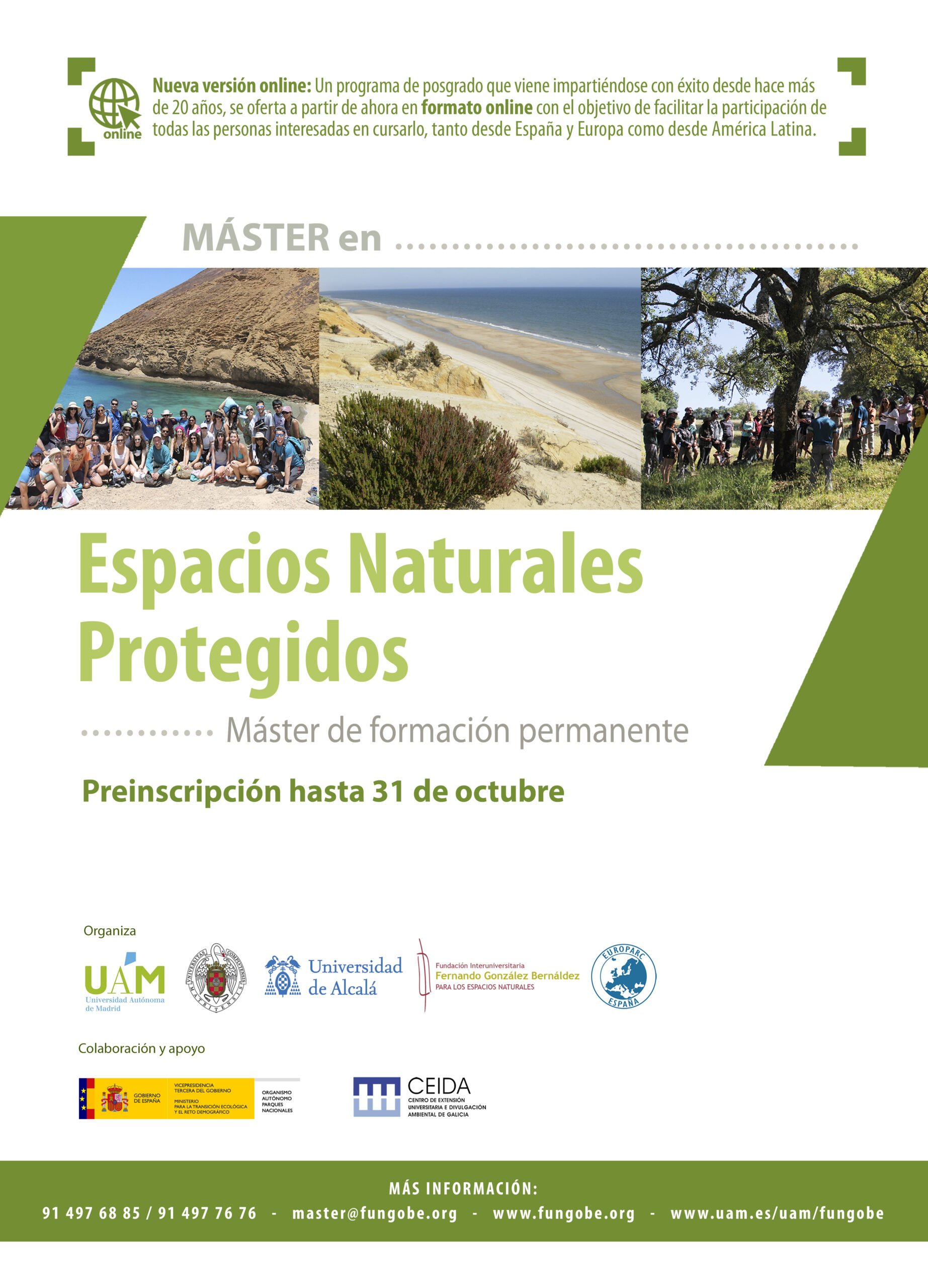 Poster promoting a master’s program: Espacios Naturales Protegidos, with images of landscapes and group photos and logos at the bottom.