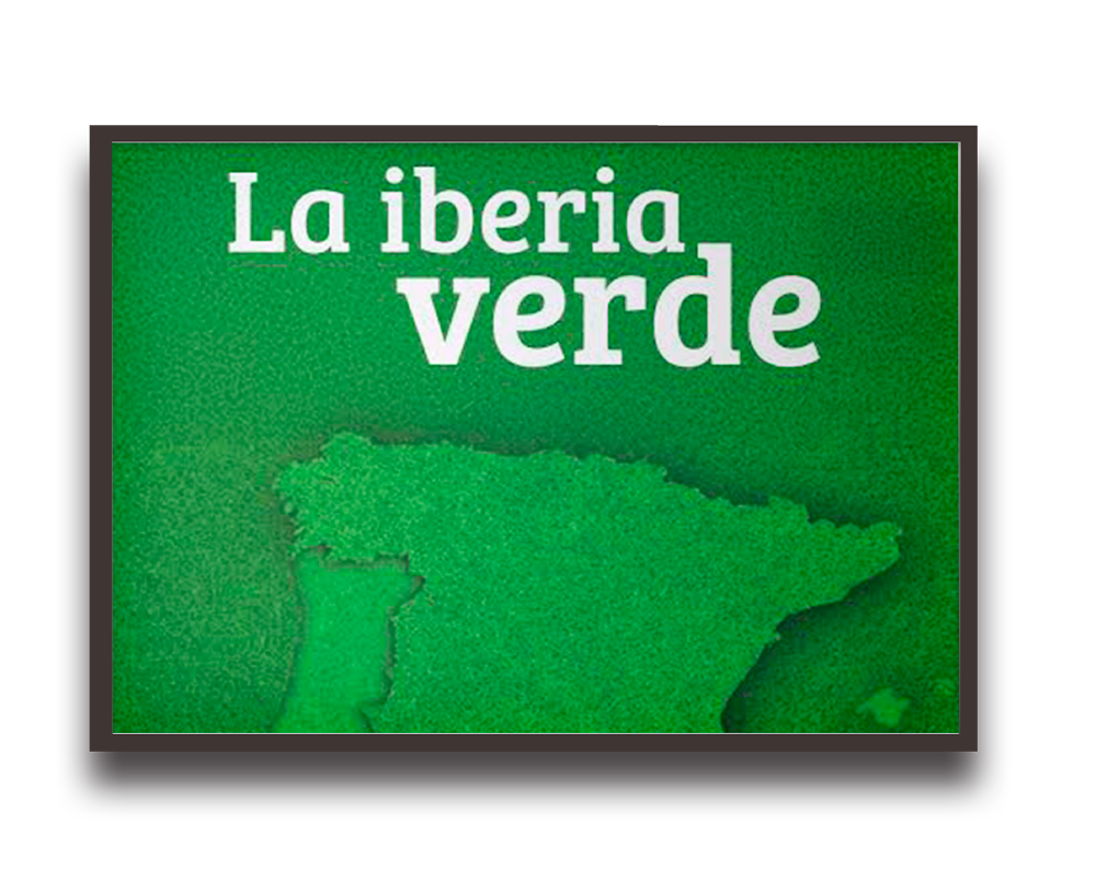 Logo with the text 'La iberia verde' over a green silhouette of the Iberian Peninsula within a dark frame.