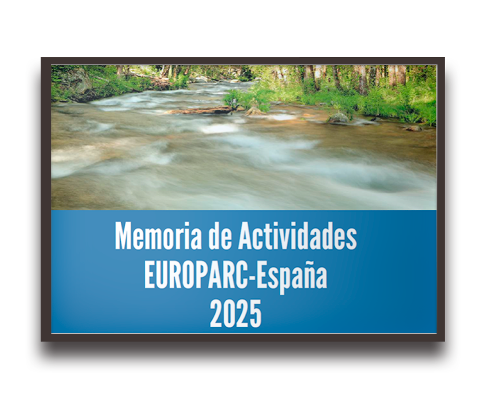 Cover of EUROPARC-Spain Activities Report 2025 with a flowing river scene in a forest,