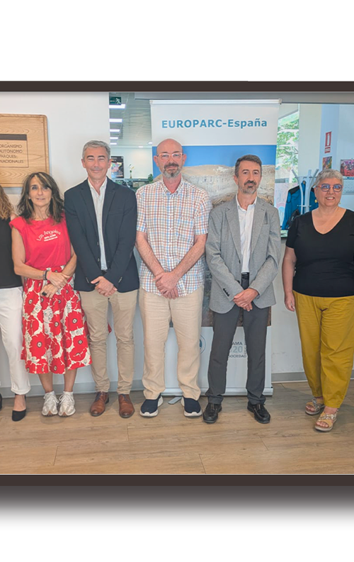 Group of eight adults standing in a row at an exhibition booth with a EUROPARC-España banner behind them.