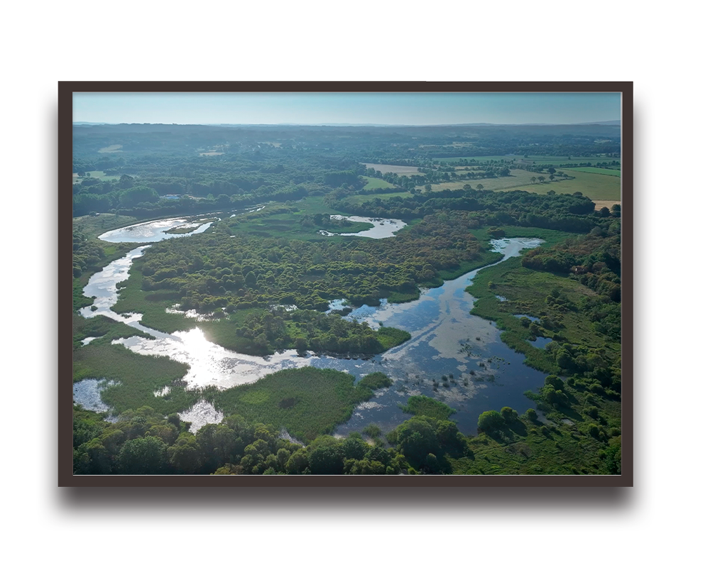 Aerial view of a winding river cutting through wetlands and green fields.