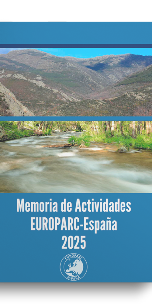 Cover of EUROPARC Espanha 2025 Activities Report with a mountain landscape and river.