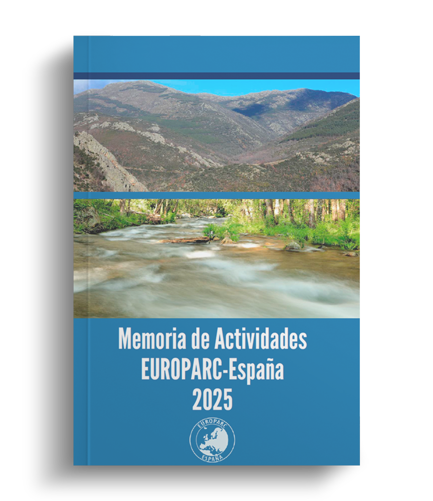 Cover of EUROPARC Espanha 2025 Activities Report with a mountain landscape and river.