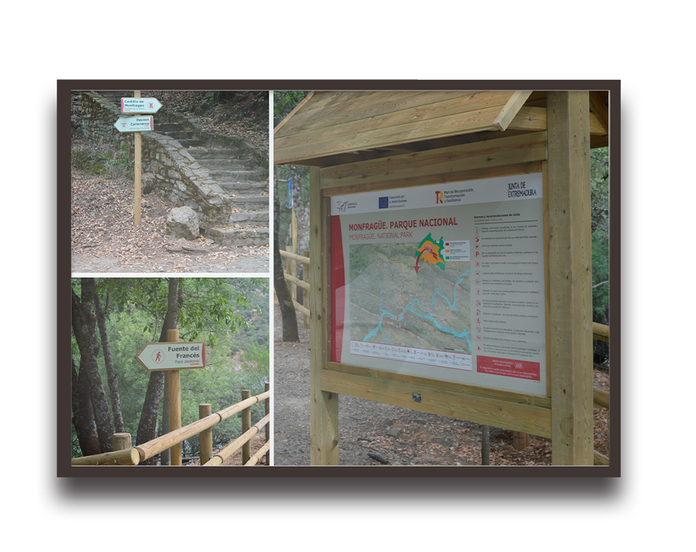 Collage of hiking signs and a large park map on a wooden information board in Monfragüe National Park.