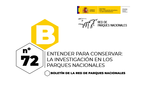 Banner header with a yellow hex B logo and a hexagon showing '72', the title 'ENTENDER PARA CONSERVAR: LA INVESTIGACIÓN EN LOS PARQUES NACIONALES', and logos for Gobierno de España and Red de Parques Nacionales; 'Boletín de la Red de Parques Nacionales'.