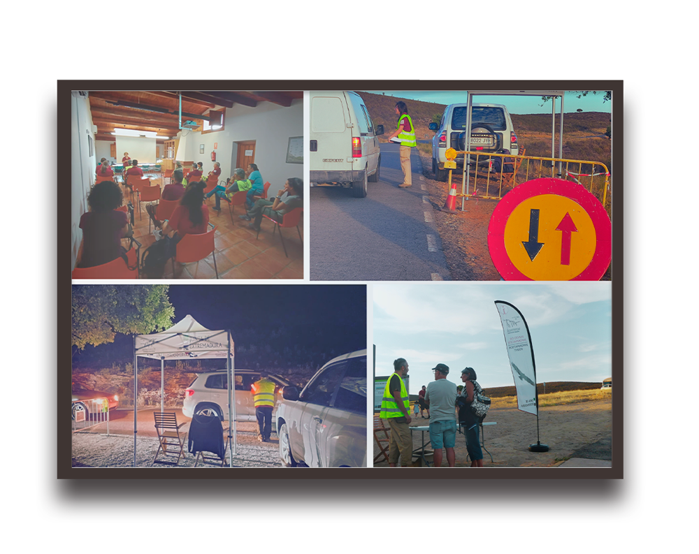 Collage of four scenes: indoor community meeting, a road checkpoint with barriers, a nighttime outdoor tent setup with cars, and a small group conversing near a banner.