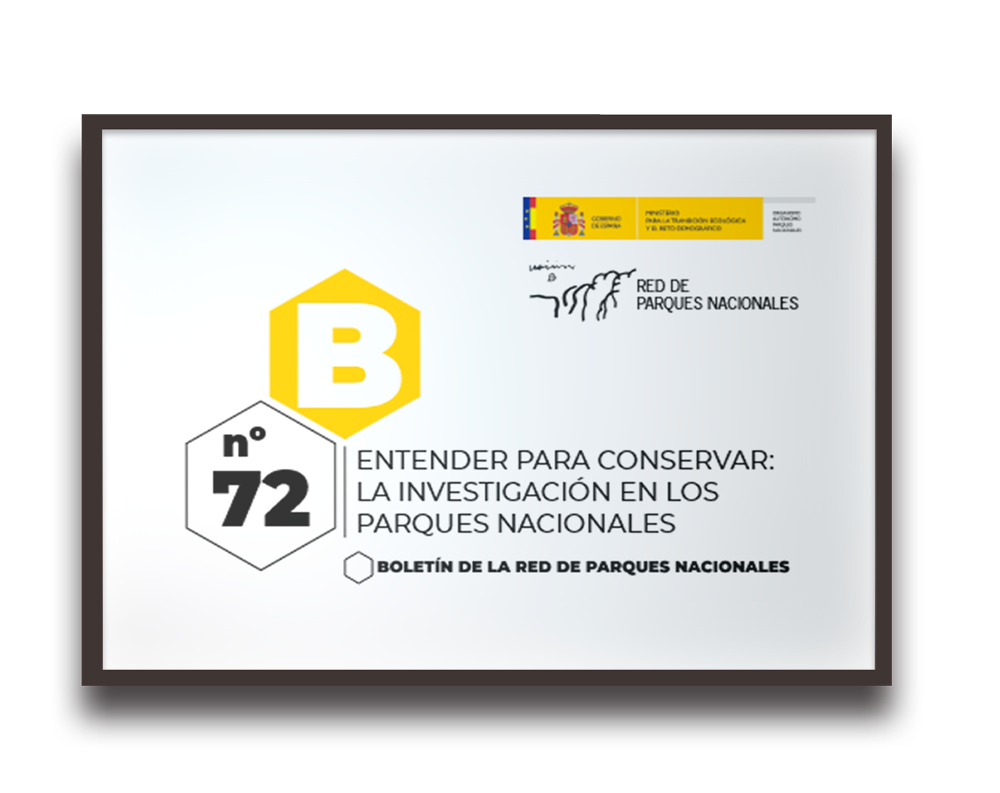 Poster panel with the title 'Entender para conservar: la investigación en los parques nacionales' and logos, framed in a dark border.