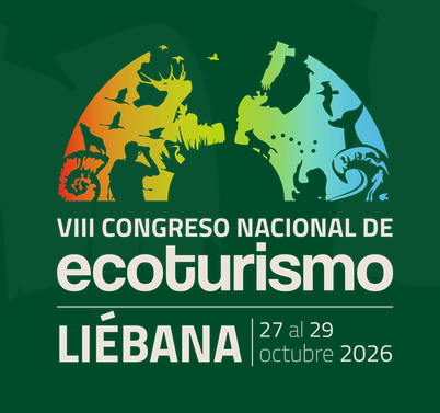 Logo for the VIII Congreso Nacional de ecoturismo Liébana, Oct 27–29, 2026, featuring a multicolor globe with birds and people silhouettes on a dark green background